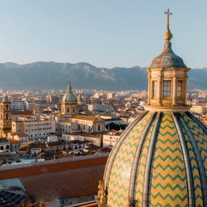 Close-up,Aerial,View,Of,Palermos,Iconic,Maiolica-tiled,Dome,Glowing,In
